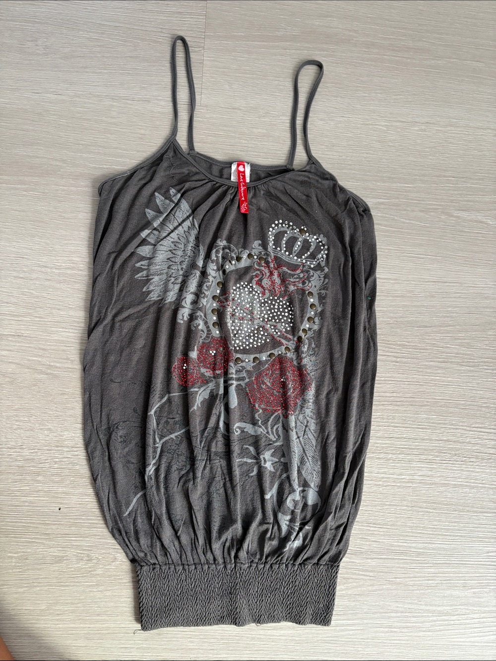 Y2K Love Culture Charcoal Gray Spaghetti Strap Graphic Tank with Red Accents